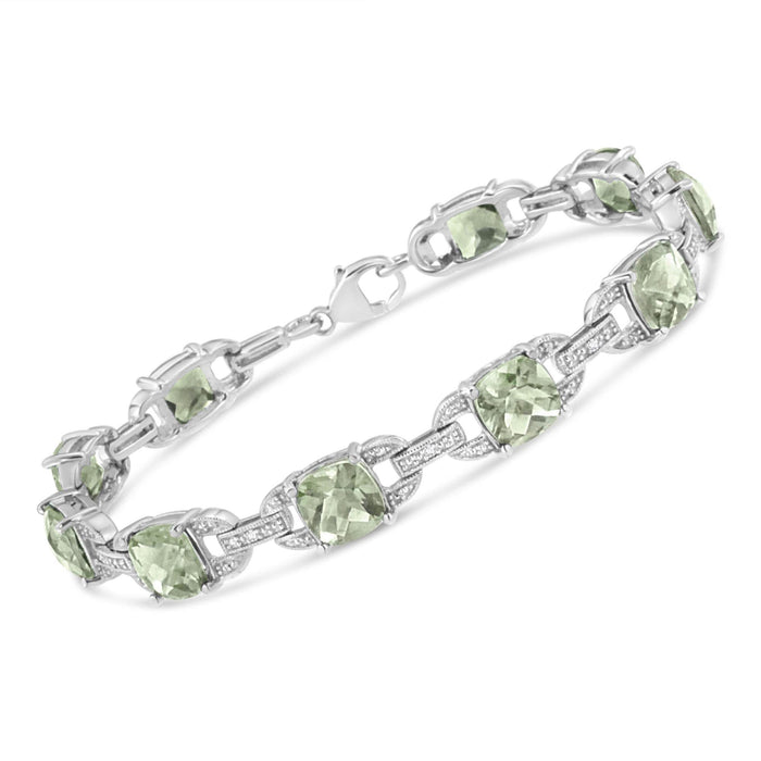 .925 Sterling Silver 7x7 mm Cushion Cut Green Amethyst and 1/20 cttw Round Cut Diamond Fashion Tennis Bracelet (I-J Color, I1-I2 Clarity) - 7