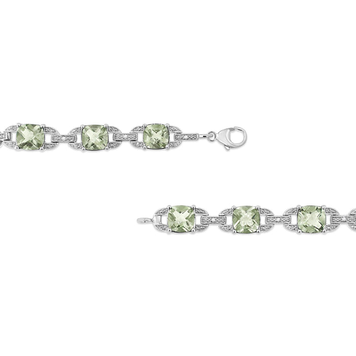 .925 Sterling Silver 7x7 mm Cushion Cut Green Amethyst and 1/20 cttw Round Cut Diamond Fashion Tennis Bracelet (I-J Color, I1-I2 Clarity) - 7