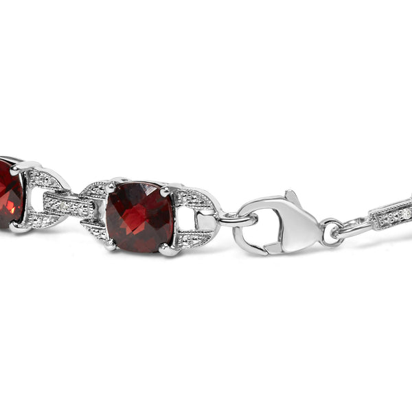 .925 Sterling Silver 7x7mm Checkered Cushion Red Garnet and Diamond Accent Fashion Tennis Link Bracelet (I-J Color, I1-I2 Clarity) - Size 7