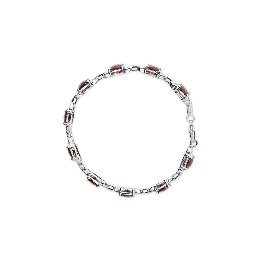 .925 Sterling Silver 7x7mm Checkered Cushion Red Garnet and Diamond Accent Fashion Tennis Link Bracelet (I-J Color, I1-I2 Clarity) - Size 7