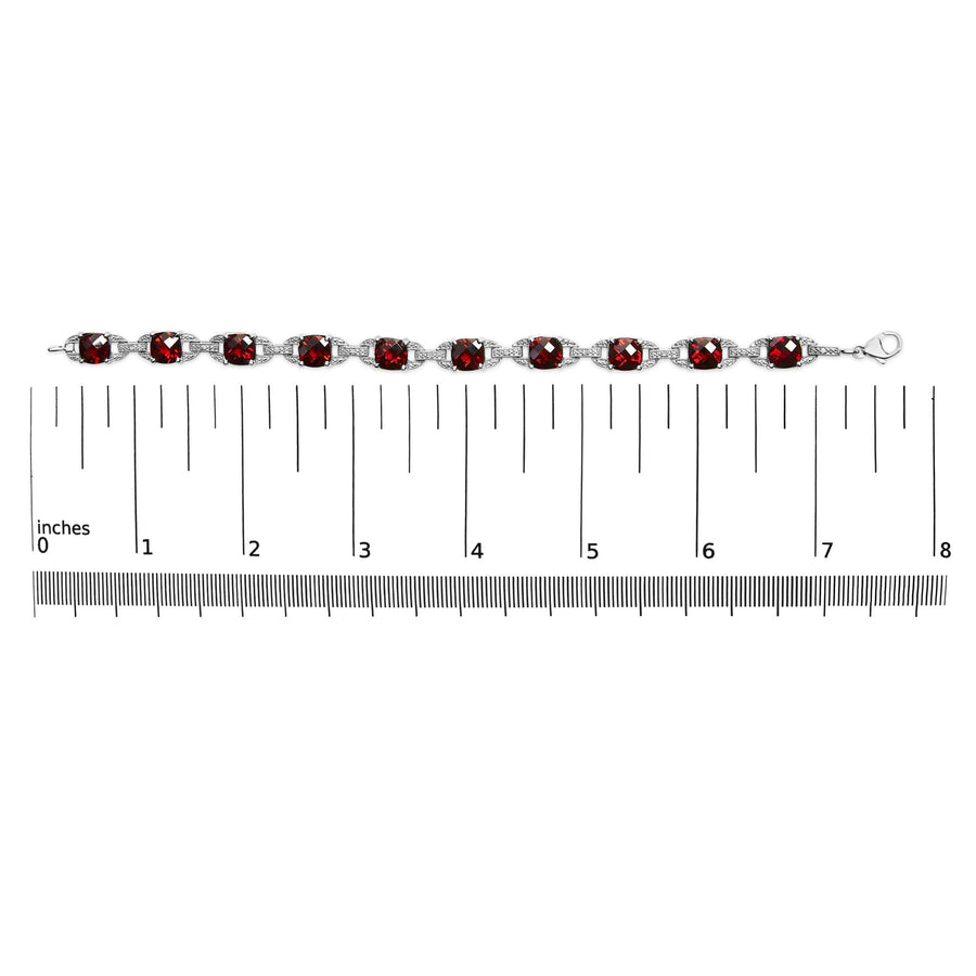 .925 Sterling Silver 7x7mm Checkered Cushion Red Garnet and Diamond Accent Fashion Tennis Link Bracelet (I-J Color, I1-I2 Clarity) - Size 7