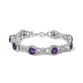 Silver bracelet with cushion-cut amethyst and diamond halo link stations