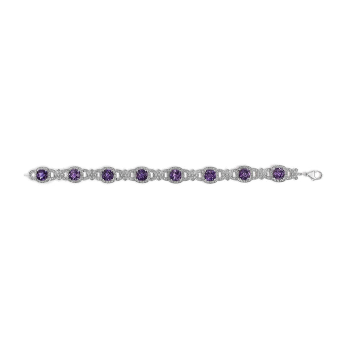 Silver Cushion-Cut Purple Amethyst & Diamond Vintage Halo Link Bracelet