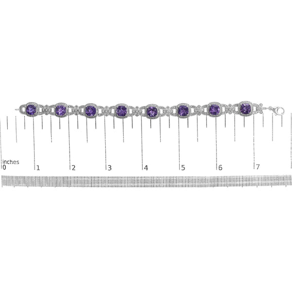 Silver Cushion-Cut Purple Amethyst & Diamond Vintage Halo Link Bracelet