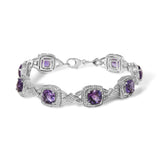 Sterling Silver Cushion-Cut Purple Amethyst & Diamond Vintage Halo Link Bracelet-0 thumbnail 1