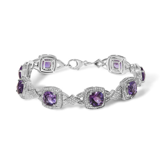 Sterling Silver Cushion-Cut Purple Amethyst & Diamond Vintage Halo Link Bracelet-0