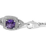 Sterling Silver Cushion-Cut Purple Amethyst & Diamond Vintage Halo Link Bracelet-1 thumbnail 2
