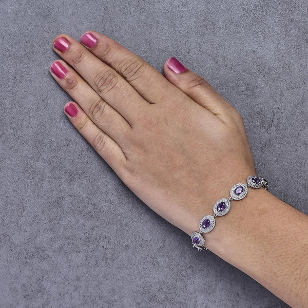 Sterling Silver 5x7 MM Oval Purple Amethyst & Diamond Halo Link Bracelet