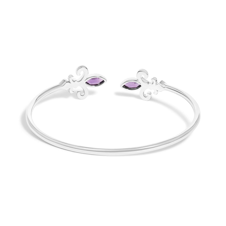.925 Sterling Silver 8X4MM Marquise Purple Amethyst and Diamond Accent Fleur Di Lis Open Cuff Bangle (I-J Color, I1-I2 Clarity) - 7