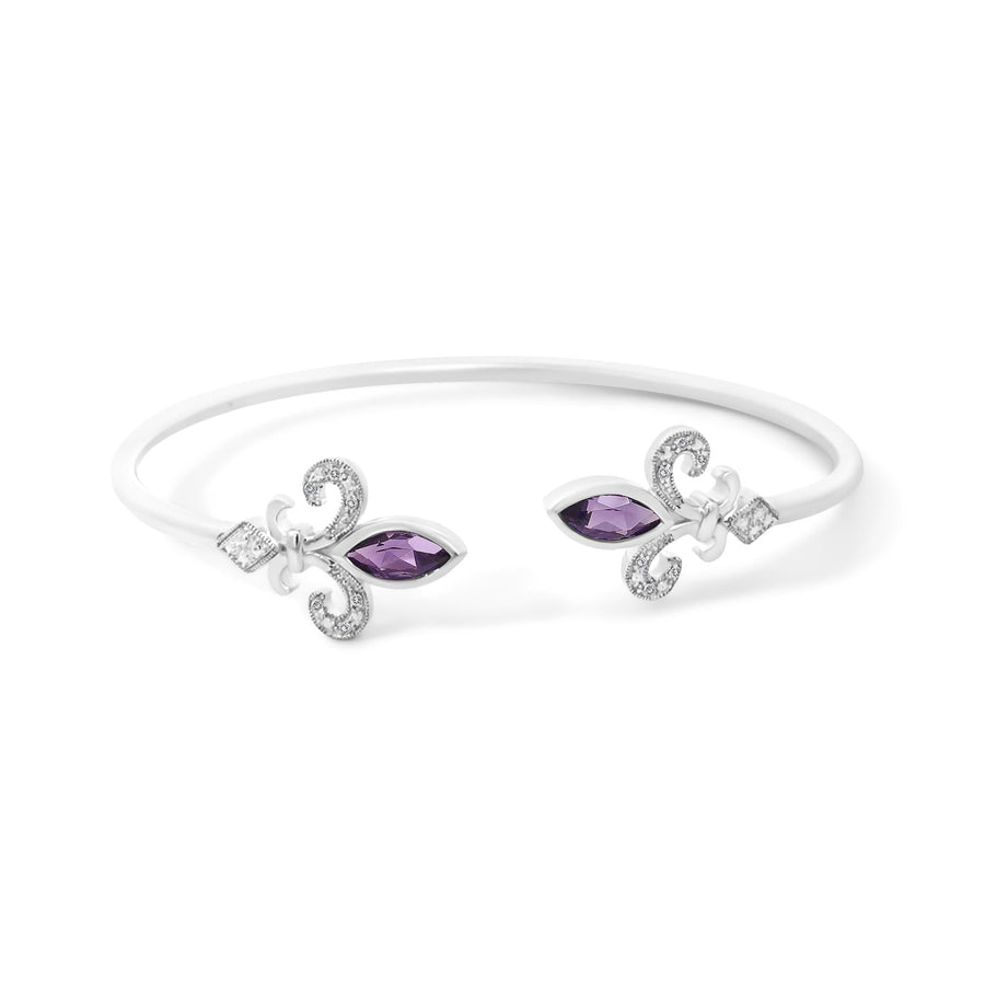 .925 Sterling Silver 8X4MM Marquise Purple Amethyst and Diamond Accent Fleur Di Lis Open Cuff Bangle (I-J Color, I1-I2 Clarity) - 7