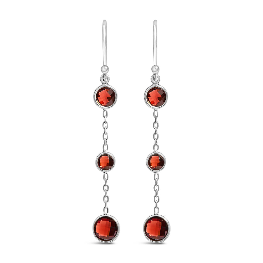 .925 Sterling Silver Graduating Bezel Set Red Garnet Dangle Earring