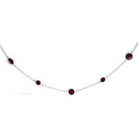 .925 Sterling Silver Checkerboard Cut Red Garnet Bezel Station Necklace - 22