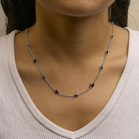 .925 Sterling Silver Checkerboard Cut Red Garnet Bezel Station Necklace - 22