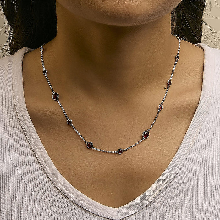 .925 Sterling Silver Checkerboard Cut Red Garnet Bezel Station Necklace - 22