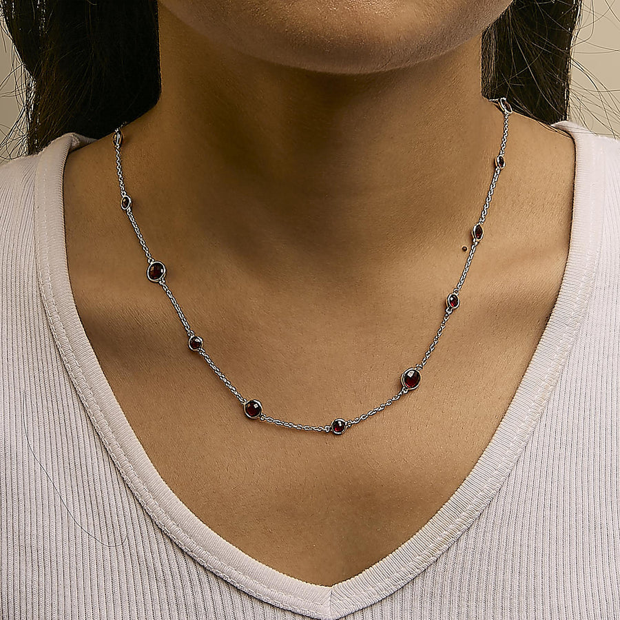 .925 Sterling Silver Checkerboard Cut Red Garnet Bezel Station Necklace - 22