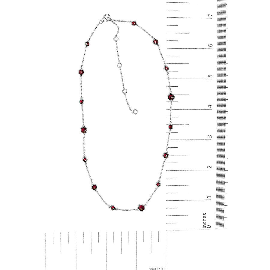 .925 Sterling Silver Checkerboard Cut Red Garnet Bezel Station Necklace - 22