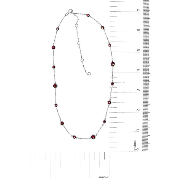 .925 Sterling Silver Checkerboard Cut Red Garnet Bezel Station Necklace - 22