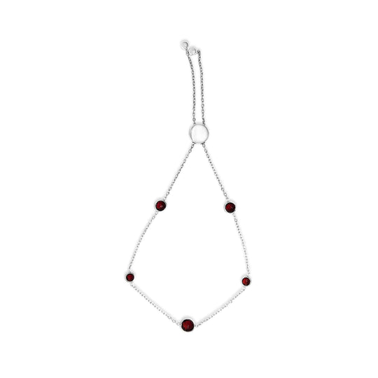925 sterling silver bolo bracelet with 5 bezel-set red garnet stones