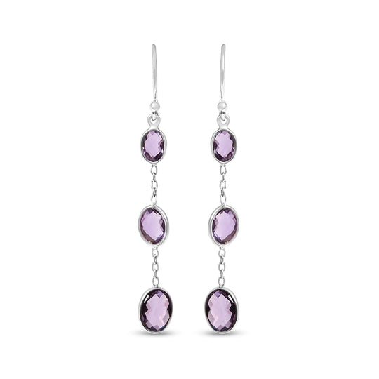 925 sterling silver drop earrings with 2 oval checkerboard-cut amethyst stones