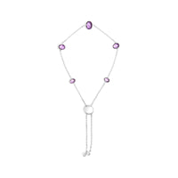 .925 Sterling Silver Bezel Set Purple Amethyst 5 Station Adjustable Bolo Bracelet