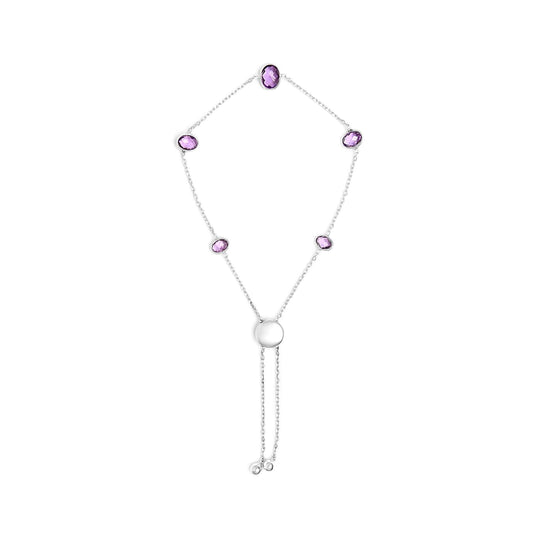 925 sterling silver bolo bracelet with 5 bezel-set round amethyst stones