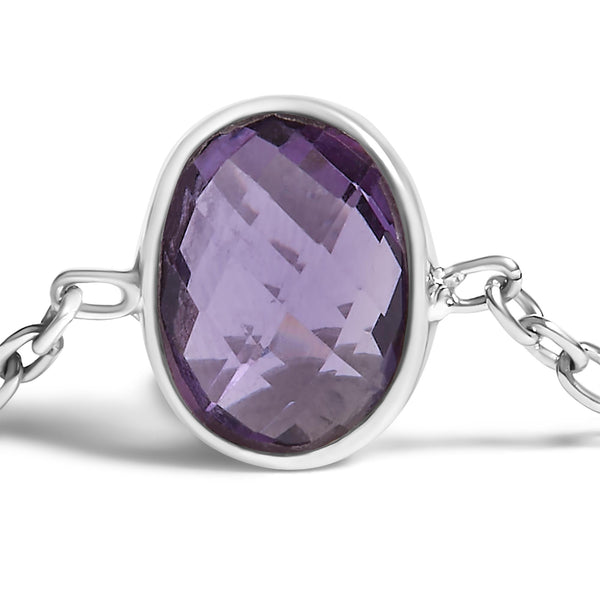 .925 Sterling Silver Bezel Set Purple Amethyst 5 Station Adjustable Bolo Bracelet