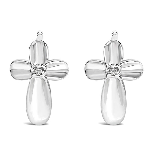 925 sterling silver floral cross stud earrings with prong-set diamond accents