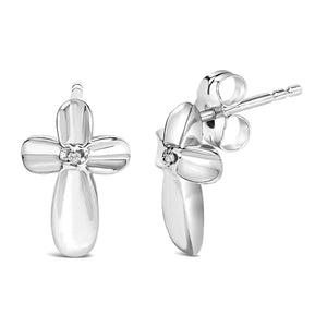 .925 Sterling Silver Prong Set Diamond Accent Floral Cross Stud Earring (I-J Color, I1-I2 Clarity)-1