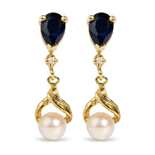 14K Yellow Gold Pearl and Sapphire Twist Drop Earrings with Diamond Accents