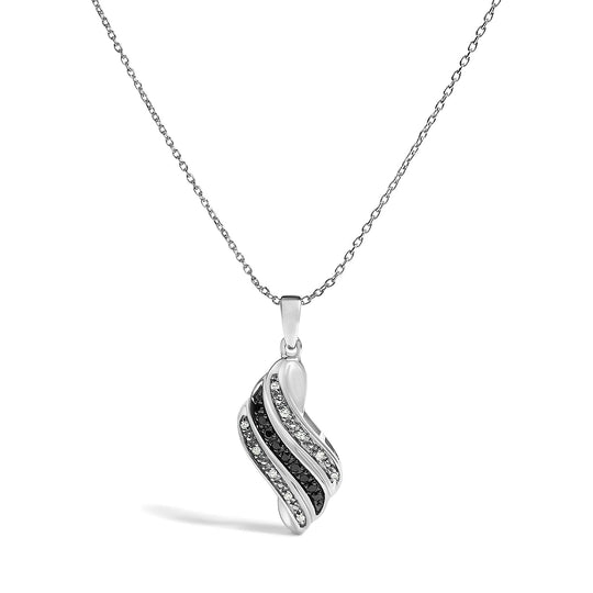 Sterling Silver 1/10 Cttw Black and White Diamond Wave Pendant Necklace