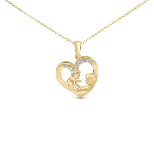 Gold Vermeil Diamond Accent Mom and Child Heart Pendant Necklace-0