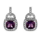 .925 Sterling Silver 8MM Natural Cushion Shaped Amethyst and Diamond Accent Halo with Push Back Dangle Earrings (I-J Color, I2-I3 Clarity)-0 thumbnail 1