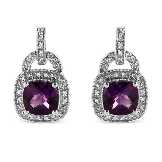 .925 Sterling Silver 8MM Natural Cushion Shaped Amethyst and Diamond Accent Halo with Push Back Dangle Earrings (I-J Color, I2-I3 Clarity)-0