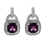 .925 Sterling Silver 8MM Natural Cushion Shaped Amethyst and Diamond Accent Halo with Push Back Dangle Earrings (I-J Color, I2-I3 Clarity)-1 thumbnail 2