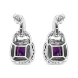 .925 Sterling Silver 8MM Natural Cushion Shaped Amethyst and Diamond Accent Halo with Push Back Dangle Earrings (I-J Color, I2-I3 Clarity)-4 thumbnail 5