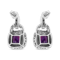 .925 Sterling Silver 8MM Natural Cushion Shaped Amethyst and Diamond Accent Halo with Push Back Dangle Earrings (I-J Color, I2-I3 Clarity)