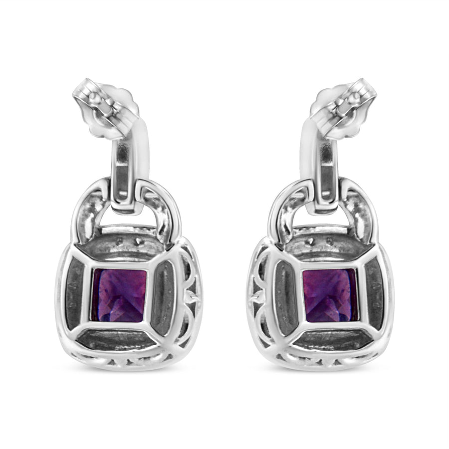 .925 Sterling Silver 8MM Natural Cushion Shaped Amethyst and Diamond Accent Halo with Push Back Dangle Earrings (I-J Color, I2-I3 Clarity)