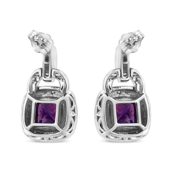 .925 Sterling Silver 8MM Natural Cushion Shaped Amethyst and Diamond Accent Halo with Push Back Dangle Earrings (I-J Color, I2-I3 Clarity)