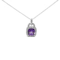 925 sterling silver necklace with cushion purple amethyst and diamond halo accents