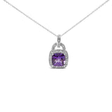 .925 Sterling Silver 10X10 MM Cushion Purple Amethyst and Diamond Accent Halo 18