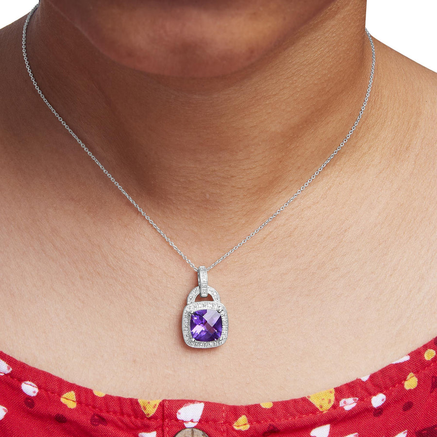 .925 Sterling Silver 10X10 MM Cushion Purple Amethyst and Diamond Accent Halo 18
