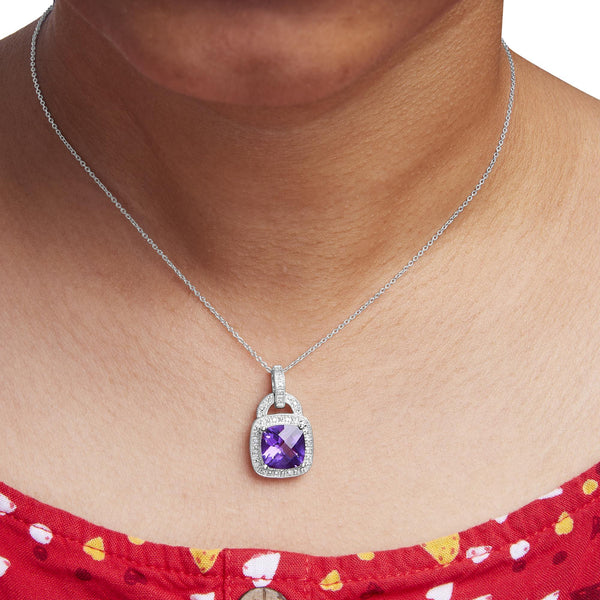 .925 Sterling Silver 10X10 MM Cushion Purple Amethyst and Diamond Accent Halo 18