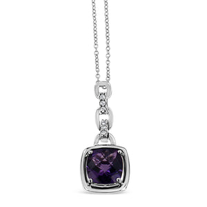 .925 Sterling Silver 6x6MM Cushion Shaped Natural Purple Amethyst and Diamond Accented Bale 18