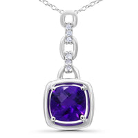.925 Sterling Silver 6x6MM Cushion Shaped Natural Purple Amethyst and Diamond Accented Bale 18