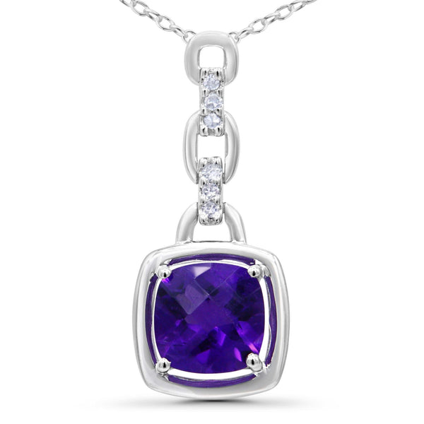 .925 Sterling Silver 6x6MM Cushion Shaped Natural Purple Amethyst and Diamond Accented Bale 18