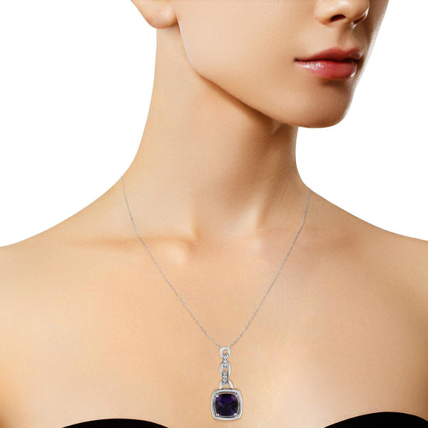 .925 Sterling Silver 6x6MM Cushion Shaped Natural Purple Amethyst and Diamond Accented Bale 18