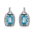925 sterling silver earrings with cushion blue topaz and diamond accent stones