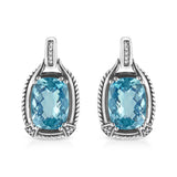 925 sterling silver earrings with cushion blue topaz and diamond accent stones thumbnail 1