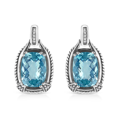 .925 Sterling Silver 14x10MM Cushion Cut Blue Topaz Gemstone and Diamond Accent Dangle Earring (I-J Color, I1-I2 Clarity)