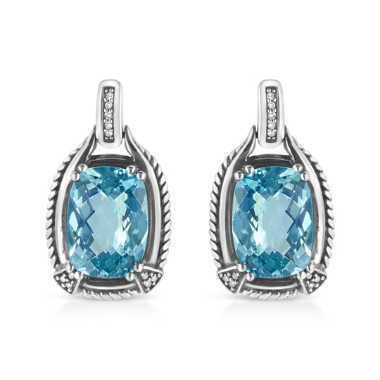925 sterling silver earrings with cushion blue topaz and diamond accent stones